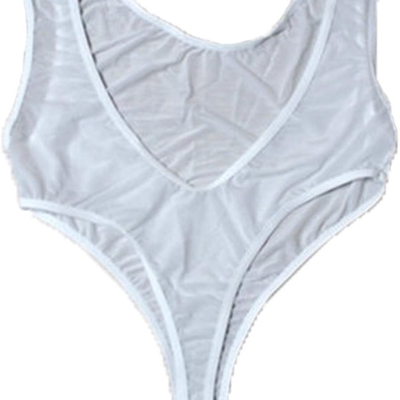 White Sheer mesh nude translucent bodysuit crotchless lingerie glam sexy romper - Picture 4 of 4